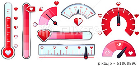 Love meter. Valentines Day card, love indicator with red hearts and love thermometer. Red heart meters vector set Love meter. Valentines Day card, love indicator with red hearts and love thermometer. Red heart meters vector set 61868896