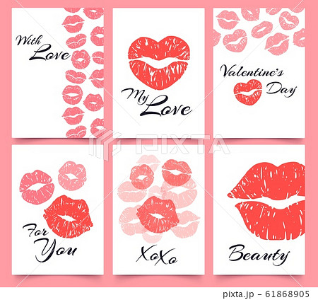 Lips prints. Card with love, Valentines day and fashion kiss print cards vector illustration set Lips prints. Card with love, Valentines day and fashion kiss print cards vector illustration set 61868905