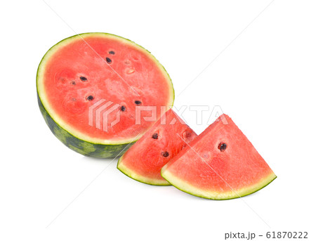 sliced and half cut ripe watermelon with seeds on 61870222