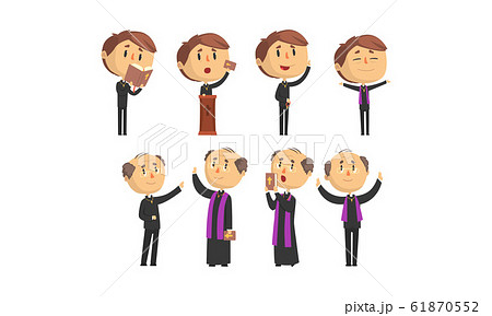 Man Priests Characters Collection, Young and Mature Catholic Preachers Blessing, Praying, Giving Speech Vector Illustration 61870552