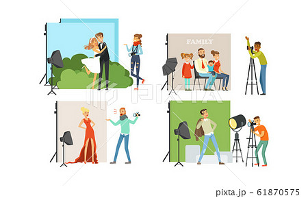 Photo Studio Collection, Male Photographers Taking Pictures of Different People with Professional Equipment Vector Illustration 61870575