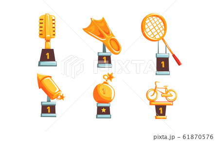 Golden Trophy Collection, Sports, Music or Business Awards, Winner Prizes Vector Illustration Golden Trophy Collection, Sports, Music or Business Awards, Winner Prizes Vector Illustration 61870576