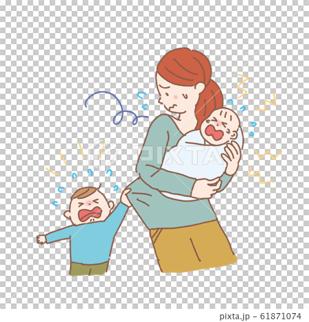 ワンオペの女性　子育て　育児　ノイローゼ　イラスト　産後うつ 61871074