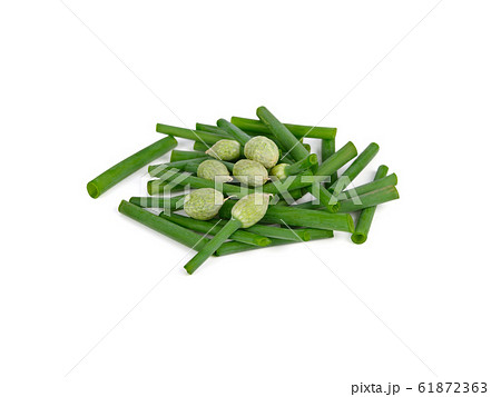 pile of portion cut fresh spring onion flower on pile of portion cut fresh spring onion flower on 61872363