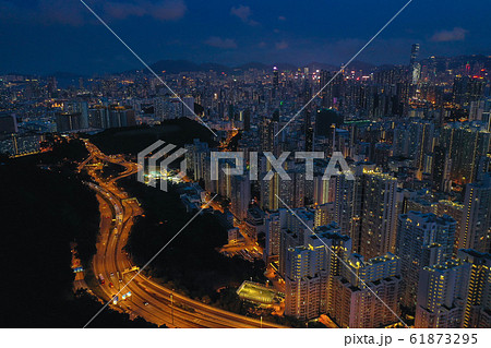 Aerial view of Hong Kong City at twilight time. 61873295