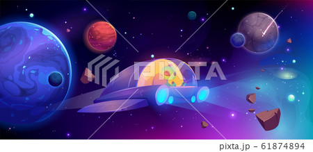 Alien spaceship flying in cosmos between planets Alien spaceship flying in cosmos between planets 61874894