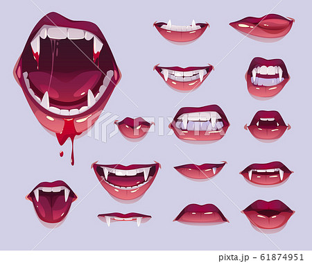 Vampire mouth with fangs set, female red lips 61874951