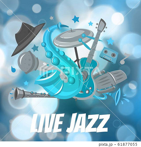 Live Jazz festival and Jazz music party vector poster illustration with saxsophone, drum and guitar on blur bokeh backdrop. Live Jazz festival and Jazz music party vector poster illustration with saxsophone, drum and guitar on blur bokeh backdrop. 61877055