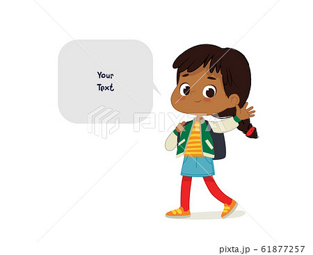 Vector illustration of the Latino Girl with the backpack goes to school. Preschool boy walks to the school. Dark Skin boy and speech bubble with place for text isolated on white background. 61877257
