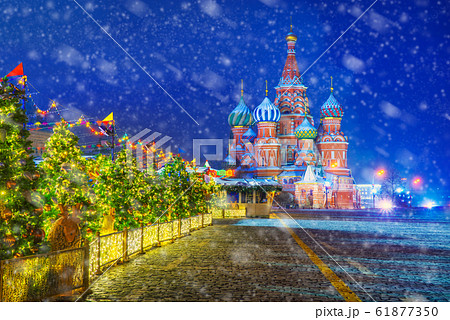St. Basil's Cathedral with New Year's illumination at night 61877350