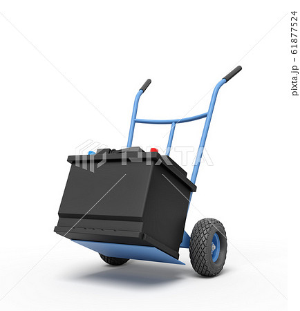 3d rendering of blue hand truck with black accumulator box on top. 3d rendering of blue hand truck with black accumulator box on top. 61877524