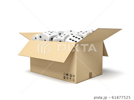 3d rendering of cardboard box full of white dice with black spots. 61877525