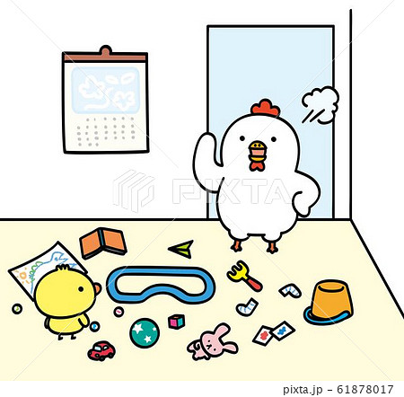 怒るニワトリと散らかすヒヨコ 61878017