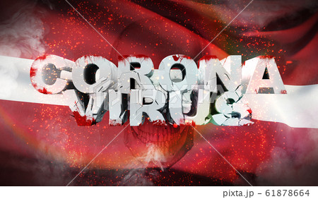 Coronavirus outbreak and coronaviruses influenza 2019-ncov on waved national flag of Latvia. Waved highly detailed close-up 3D render. 61878664