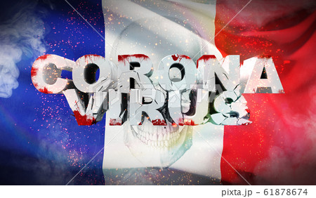 Coronavirus outbreak and coronaviruses influenza 2019-ncov on waved national flag of France. Waved highly detailed close-up 3D render. 61878674