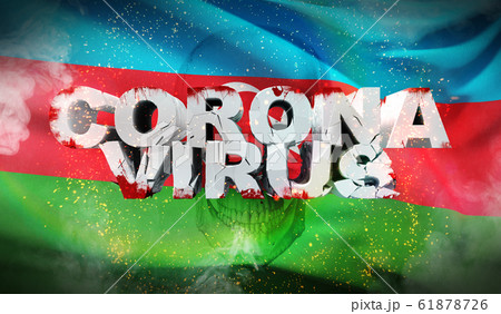 Coronavirus outbreak and coronaviruses influenza 2019-ncov on waved national flag of Azerbaijan. Waved highly detailed close-up 3D render. 61878726