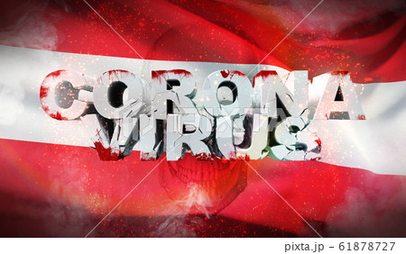 Coronavirus outbreak and coronaviruses influenza 2019-ncov on waved national flag of Austria. Waved highly detailed close-up 3D render. 61878727