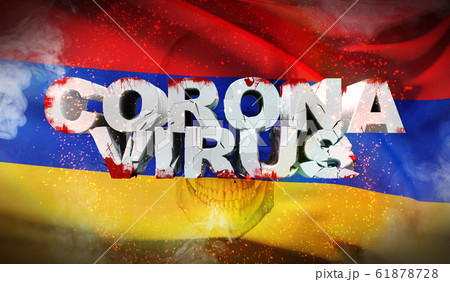 Coronavirus outbreak and coronaviruses influenza 2019-ncov on waved national flag of Armenia. Waved highly detailed close-up 3D render. 61878728