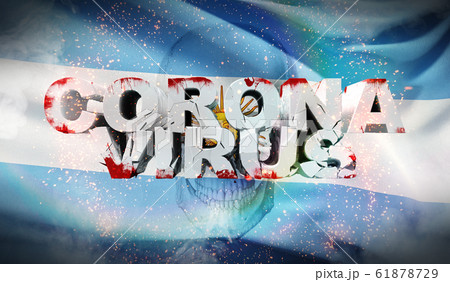 Coronavirus outbreak and coronaviruses influenza 2019-ncov on waved national flag of Argentina. Waved highly detailed close-up 3D render. 61878729