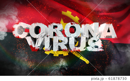 Coronavirus outbreak and coronaviruses influenza 2019-ncov on waved national flag of Angola. Waved highly detailed close-up 3D render. 61878730