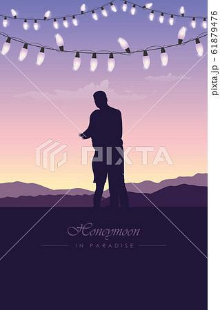 couple in love silhouette honeymoon concept with fairy light on purple landscape 61879476