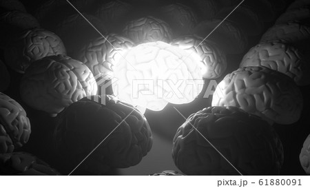 Glowing human brain among ordinary ones. Enlightenment, idea or inspiration related conceptual 3D rendering 61880091