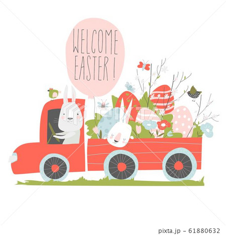 Cute cartoon bunny driving a car with easter eggs 61880632