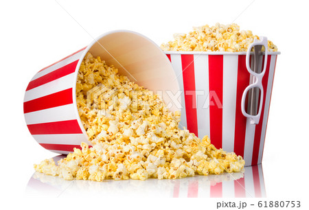 Set of bucket with popcorn and 3D glasses isolated on white background 61880753