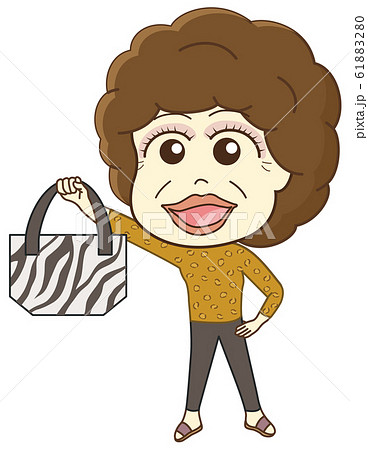ドヤ顔でトートバッグを掲げる大阪のおばちゃんのイラスト素材 6180