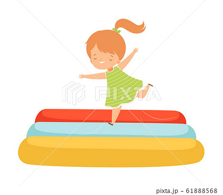 Cute Girl Bouncing on an Inflatable Trampoline, Happy Kid Trampolining and Having Fun, Active Children Leisure Vector Illustration 61888568