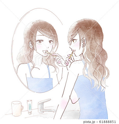 鏡の前で歯磨きをする若い女性のイラスト素材 6151