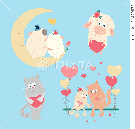 Cute cartoon sheep and cats set for St. Valentine's Day. Vector illustration Cute cartoon sheep and cats set for St. Valentine's Day. Vector illustration 61890876