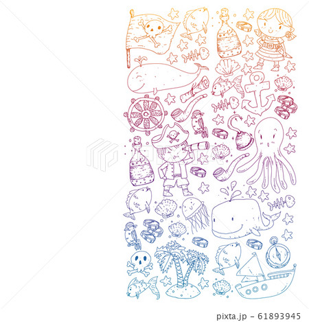 Pirate party. Illustrations for little children. Kids birthday celebration with treasure island, octopus, pirates Pirate party. Illustrations for little children. Kids birthday celebration with treasure island, octopus, pirates 61893945
