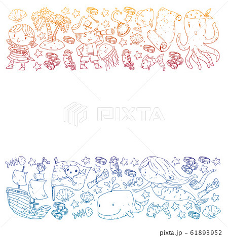 Pirate party. Illustrations for little children. Kids birthday celebration with treasure island, octopus, pirates 61893952