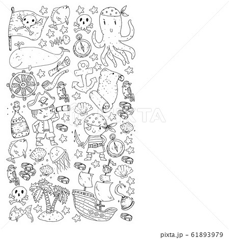 Pirate party. Illustrations for little children. Kids birthday celebration with treasure island, octopus, pirates 61893979