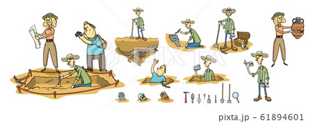 Archaeology, paleontology and treasure hunting, archaeologists on excavation site. Set of cartoon caracters and tools. Flat cartoon vector illustration. Isolated on white background. 61894601