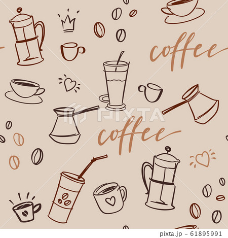 Decorative vector seamless pattern with illustration of cups, coffee beans and handwritten brush lettering.  61895991