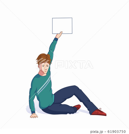 Sitting man holding promo banner flat vector illustration 61903750