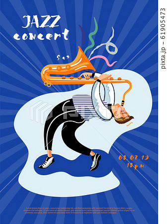 Jazz concert leaflet template. Saxophone player cartoon character Jazz concert leaflet template. Saxophone player cartoon character 61905473