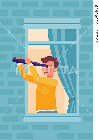Man looking through telescope in window illustration isolated on blue background Man looking through telescope in window illustration isolated on blue background 61906659