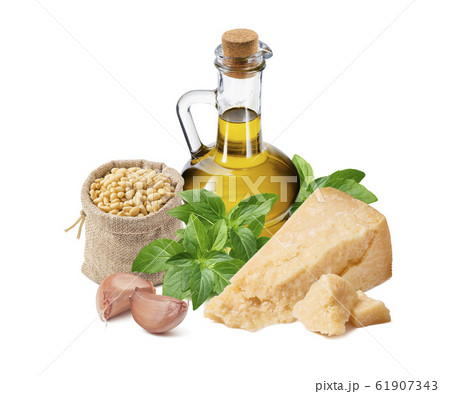Pesto sauce ingredients, green basil, garlic, oil and pine nuts in burlap bag isolated Pesto sauce ingredients, green basil, garlic, oil and pine nuts in burlap bag isolated 61907343