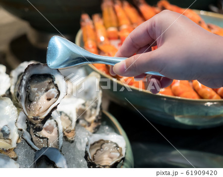 Hand of Asian woman pick a tasty fresh shucked oyster on ice with tongs. Hand of Asian woman pick a tasty fresh shucked oyster on ice with tongs. 61909420