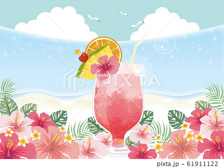 トロピカル ジュース 南国 ハイビスカス バカンス 夏休み カクテル 果物 きらきら 海 波のイラスト素材