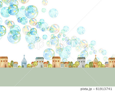 町並みとシャボン玉のイラスト素材