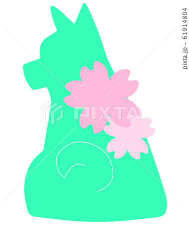 ふりかえり犬シルエット桜 青緑色 のイラスト素材