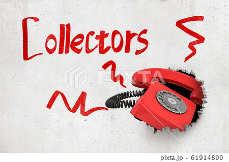 3d rendering of red retro telephone breaking white wall with 'Collectors' sign on white background 3d rendering of red retro telephone breaking white wall with 'Collectors' sign on white background 61914890