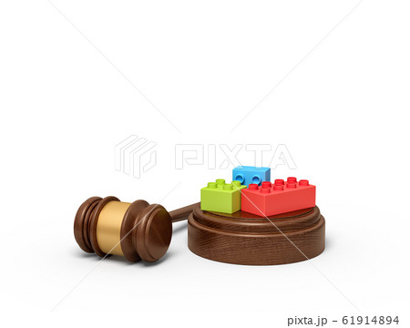 3d rendering of colorful lego pieces on round wooden block and brown wooden gavel 3d rendering of colorful lego pieces on round wooden block and brown wooden gavel 61914894