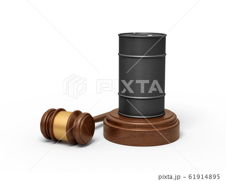 3d rendering of black fuel barrel on round wooden block and brown wooden gavel 3d rendering of black fuel barrel on round wooden block and brown wooden gavel 61914895