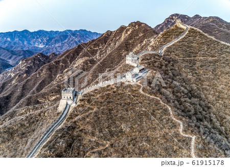 Beautiful winter aerial drone view of Great Wall of China Mutianyu section near Bejing Beautiful winter aerial drone view of Great Wall of China Mutianyu section near Bejing 61915178