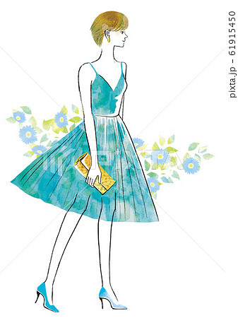 青いドレスを着たショートカットの女性のイラスト素材